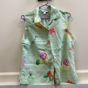 AKS XL summer print sleeveless button up linen shirt